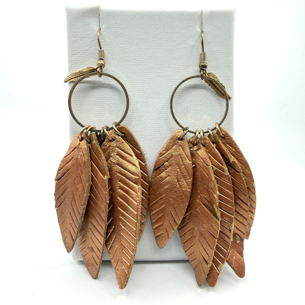 Copper Tone Leather Feather Fringe Hoop Earrings Statement Festival Accessory